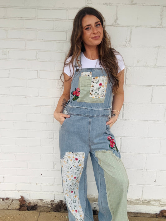 Oversized Floral Patchwork Overalls