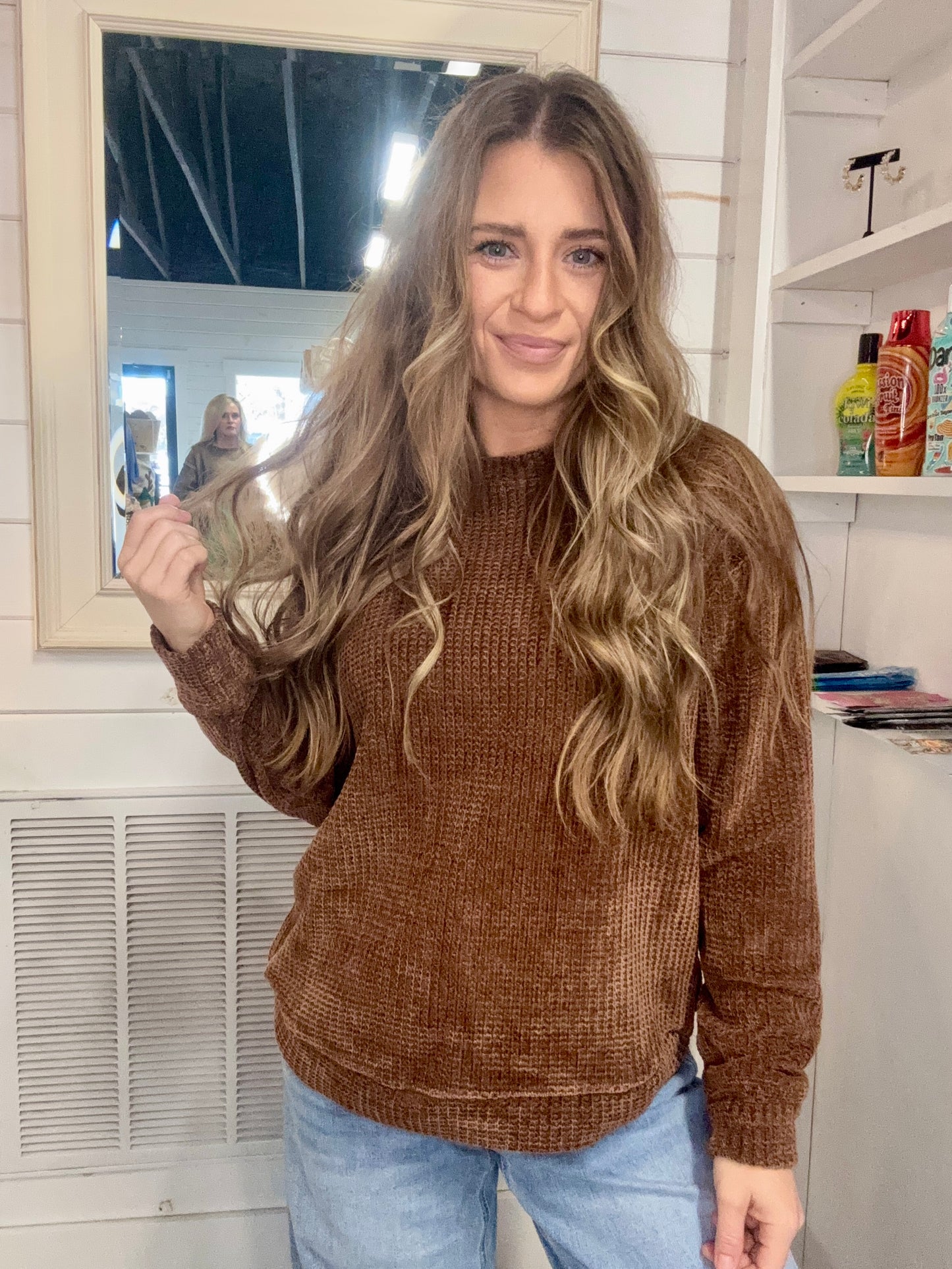 Zenana Waffle Sweater -Brown