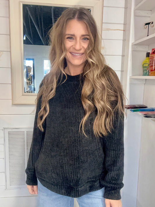 Zenana Waffle Sweater -Black