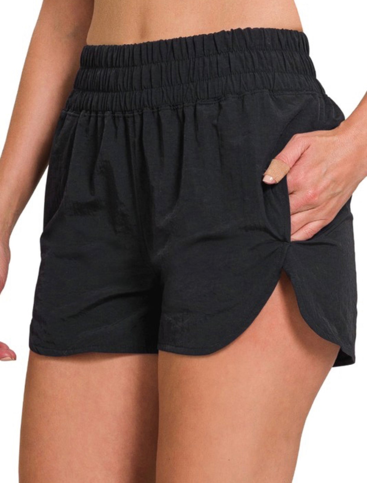Black Windbreaker Smocked Shorts