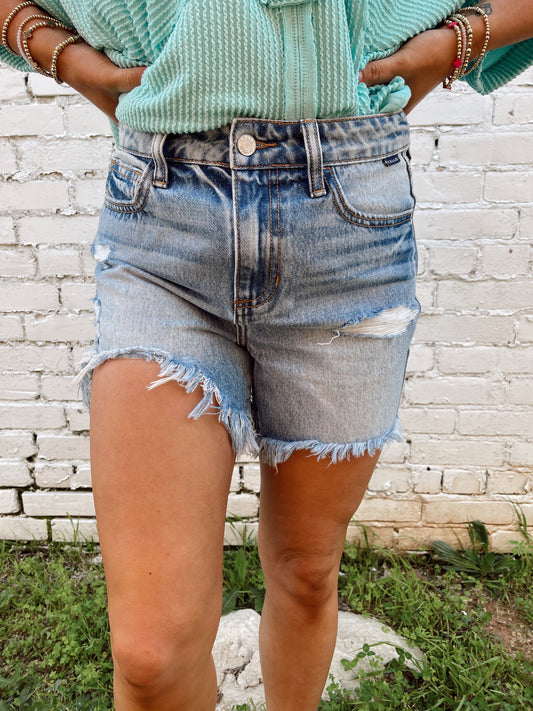 Cello High Rise Uneven Hem Shorts