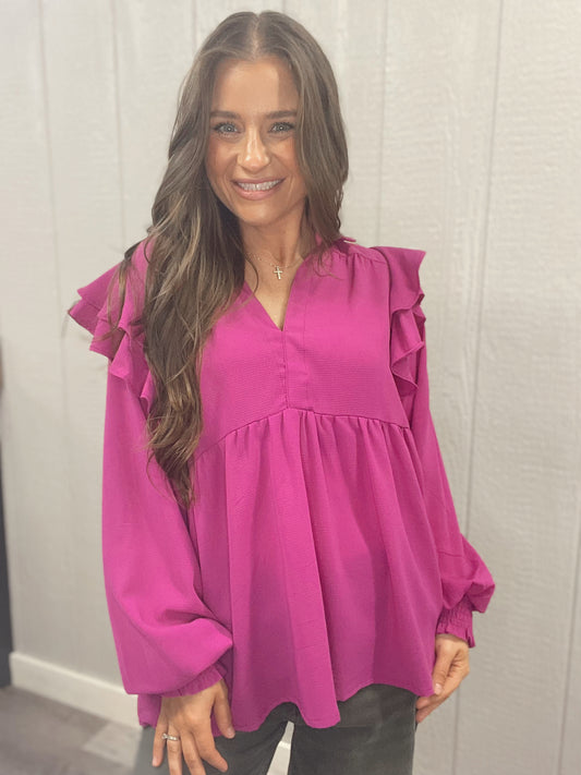Magenta Ruffle Sleeve Top