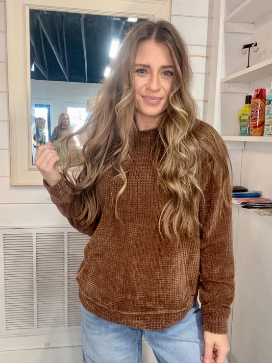 Zenana Waffle Sweater -Brown